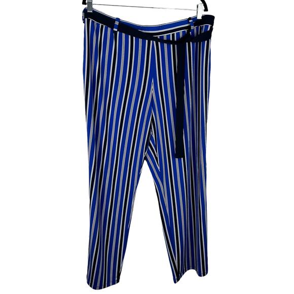 Susan Graver Liquid Knit Blue Black White Striped Pants Belt Wide Leg Sz XLP EUC - Picture 1 of 5